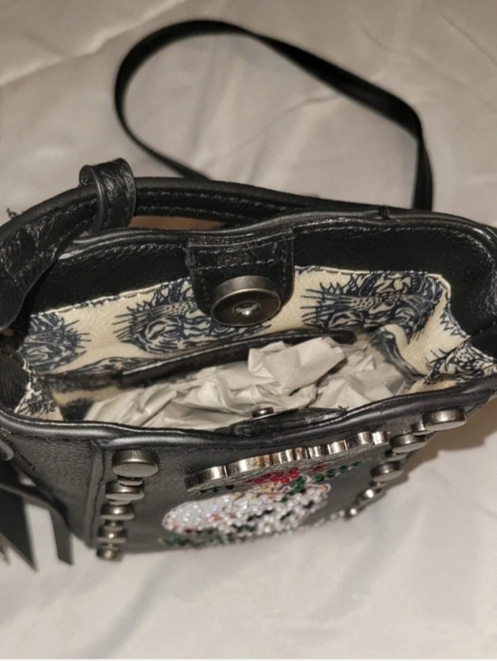 Ed Hardy Black Crossbody Bag with Embroidered Skull & Rose Detail